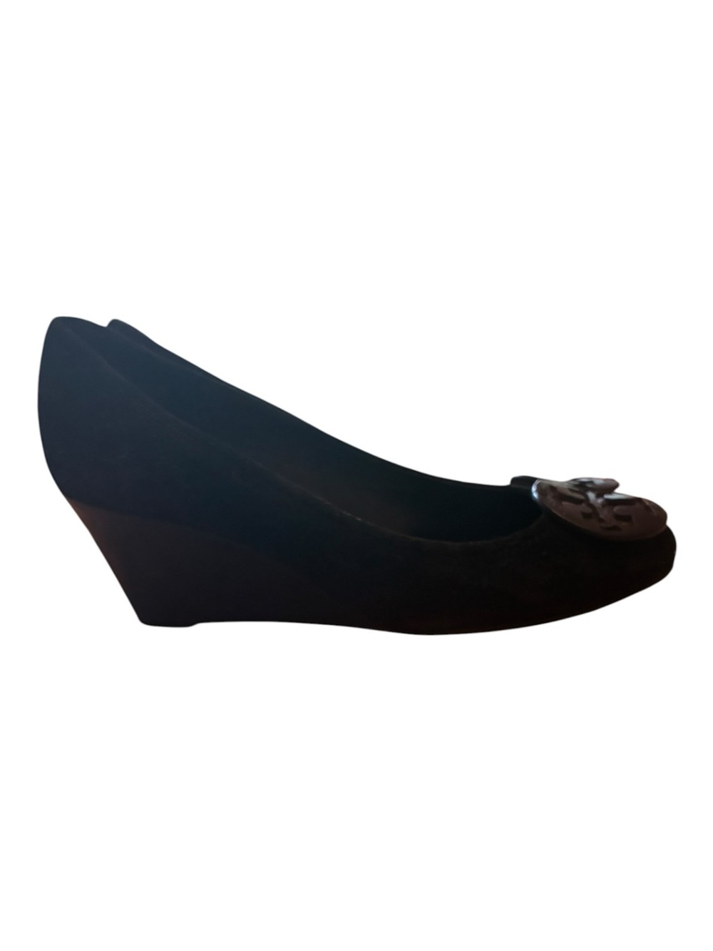 Tory Burch Black Suede Wedge with Logo Medallion Size 8